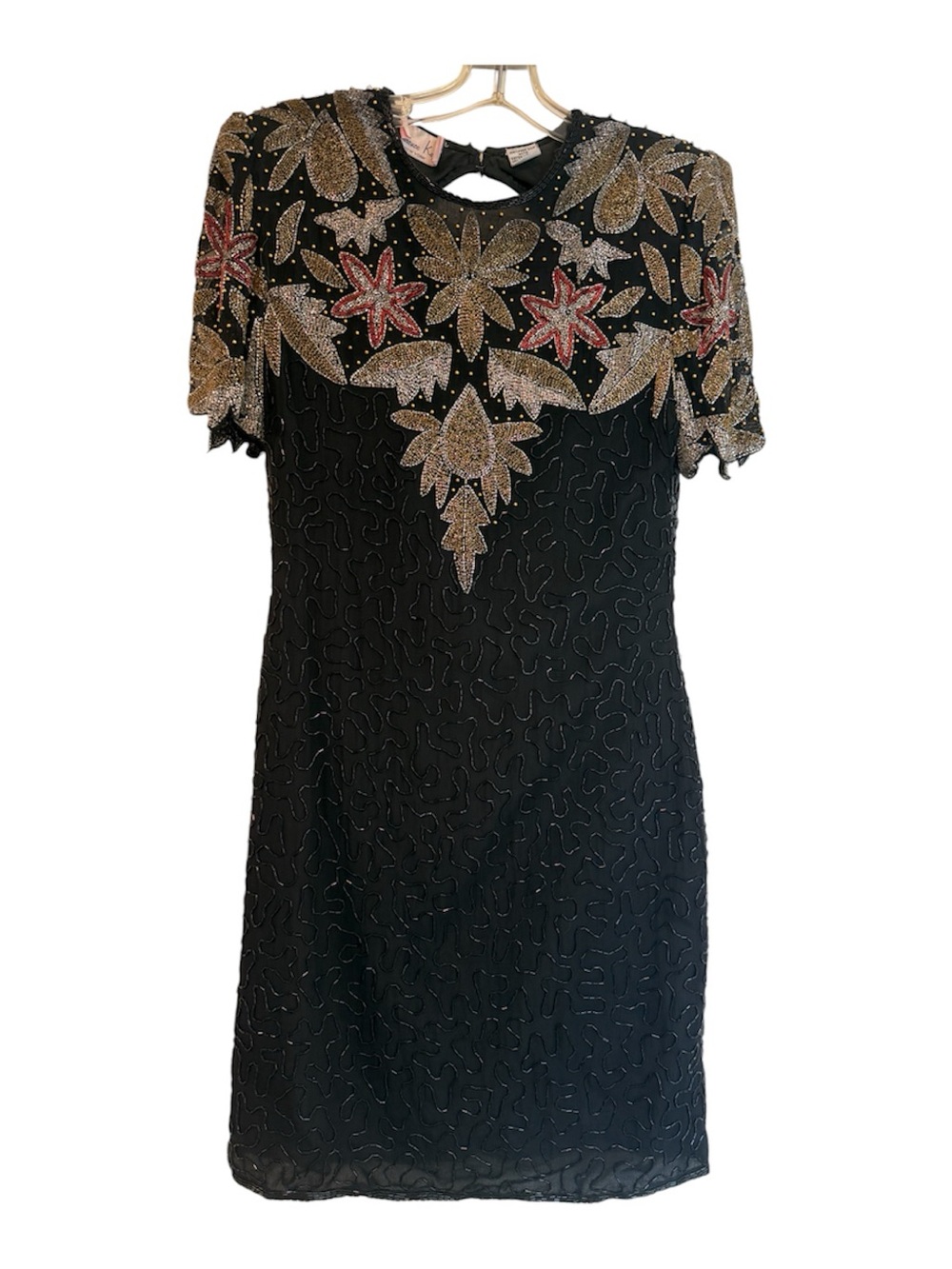 Vintage Lawrence Kazar Black Silk Dress Beads Size PM Black Gold Red Costume